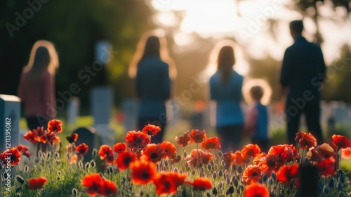 A family in silhouette visits a war cemetery, with red poppies in the foreground at sunset