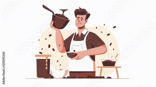 Man with Huge Chocolate Cup and Spoon - Flat Vector Illustration