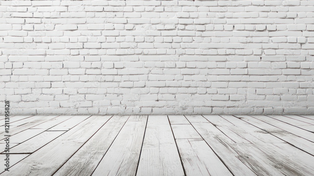 Fototapeta premium Whitewashed brick wall and wooden floor background.