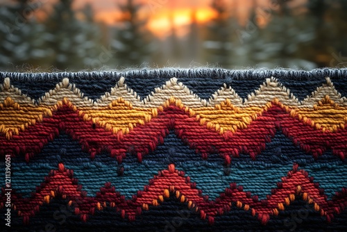 Woven Textile Against Blurred Sunset Winter Landscape photo