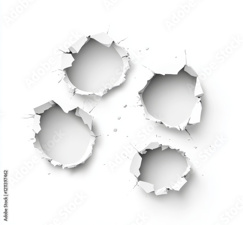 Four ragged holes in white surface. photo