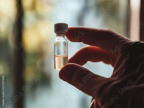 Small glass vial held in hand with a clear liquid inside against a blurred background photo