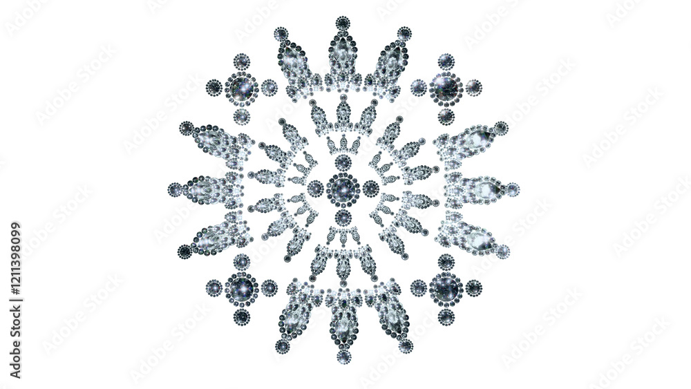 A high jewelry design pattern image with round brilliant cut diamonds and leaf shaped or other shaped diamond stones. Created in 3D modeling transparent PNG file.