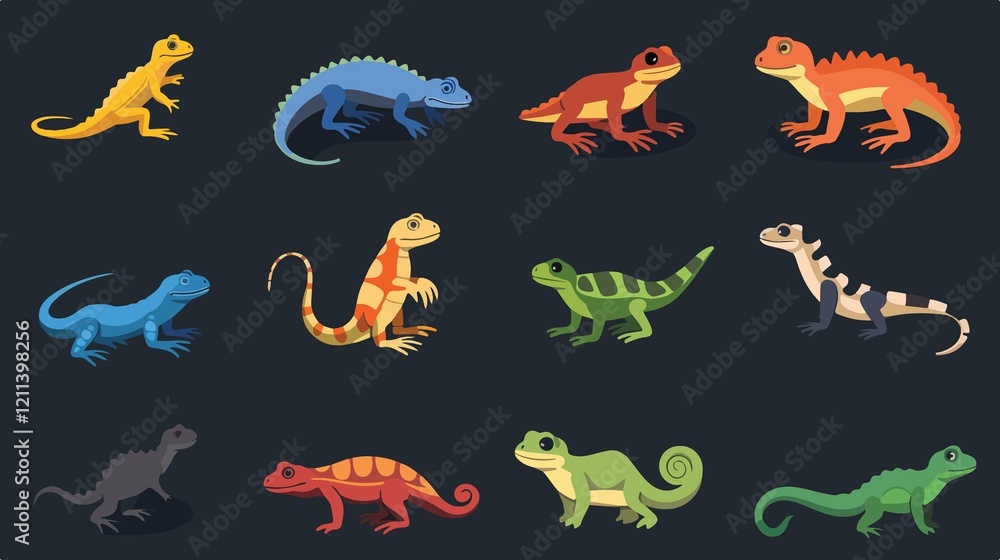 Fototapeta premium Vibrant Reptiles Amphibians Icon Set - Flat Vector Illustration