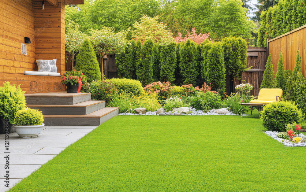 Naklejka premium Beautiful garden with lush greenery and cozy seating area in a serene outdoor space