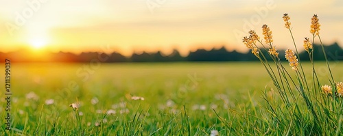 Pastel spring concept. Golden sunlight illuminating a lush grass field with blooming wildflowers. photo