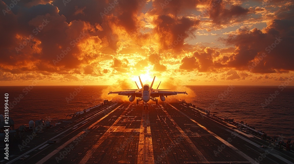 Sunset Launch: Fighter Jet Taking Off from Aircraft Carrier