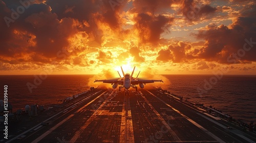 Obraz na płótnie Sunset Launch: Fighter Jet Taking Off from Aircraft Carrier w salonie