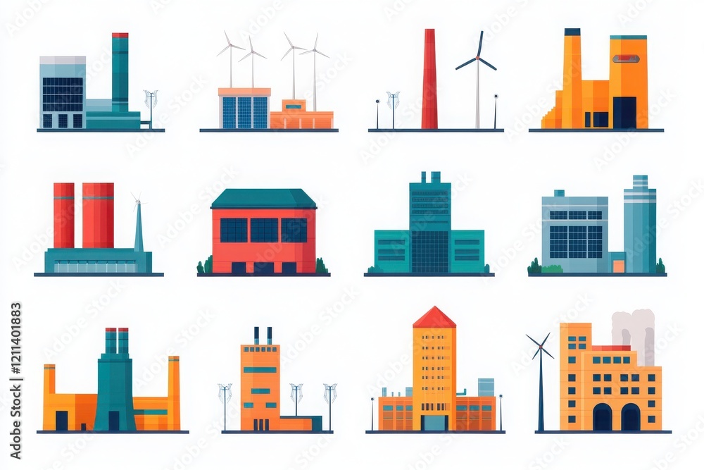 Obraz premium A collection of diverse industrial buildings, featuring factories and wind turbines, showcasing modern energy solutions.