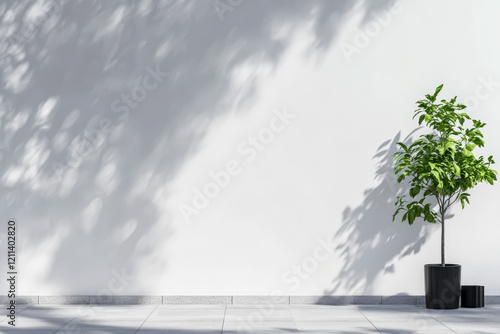 Potted green plant casting shadows on a bright wall in a minimalistic outdoor setting