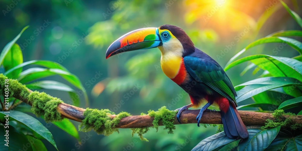 Obraz premium Vibrant Rainbow Toucan Perched on Mossy Branch in Lush Tropical Foliage, Basking in Golden Sunlight