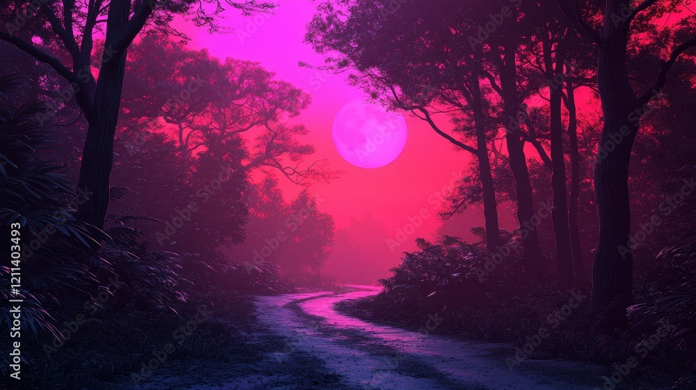 Fototapeta premium A mystical forest scene with vibrant pink hues and a large moon illuminating a winding path through the trees.