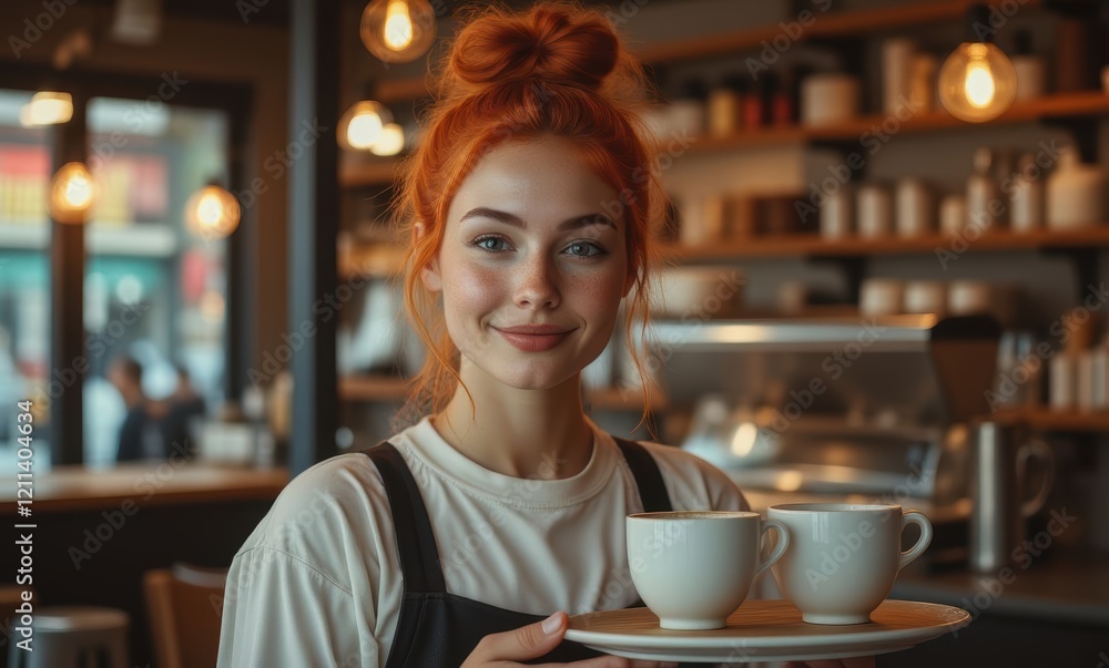 Smiling young woman serving coffee Smiling young woman serving coffee