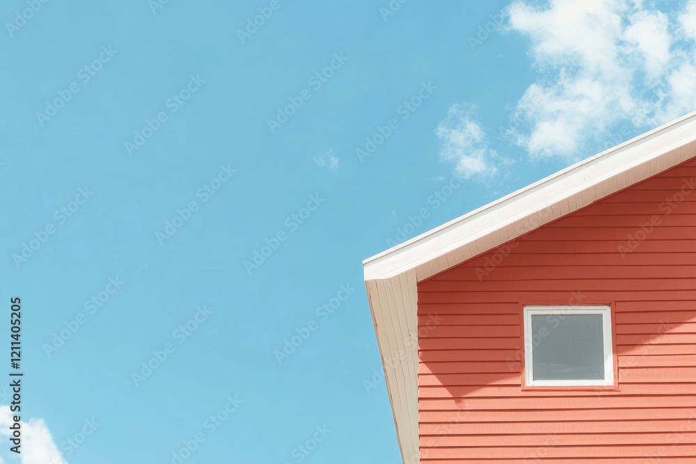 Bright red house against a clear blue sky on a sunny day in a residential area Bright red house against a clear blue sky on a sunny day in a residential area