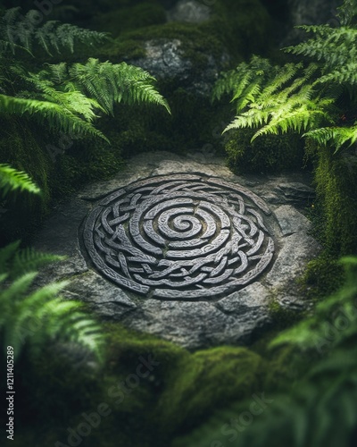 A serene photo of the Celtic Spiral of Life carved into an ancient stone surrounded by ferns photo