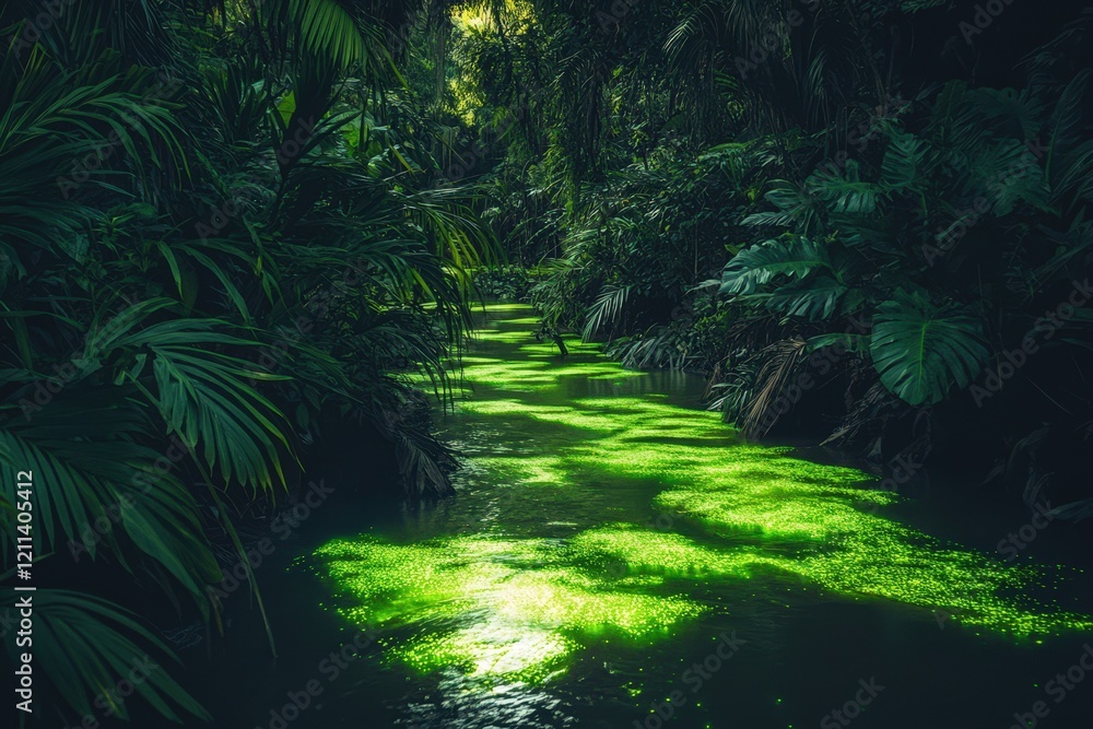 Fototapeta premium Lush Green Jungle Creek Glowing Algae Water