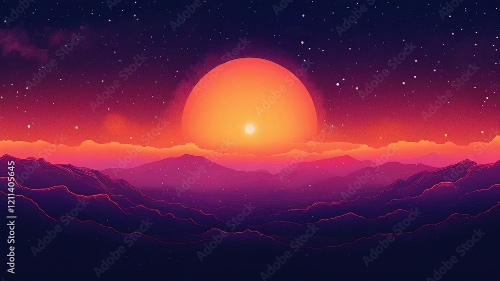 Fototapeta premium Sunset over purple mountains, starry night sky, digital art, desktop wallpaper