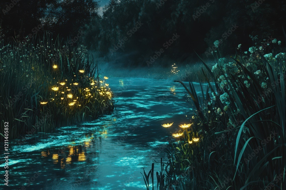 Fototapeta premium Glowing Flowers Adorn A Dark Night Riverbank