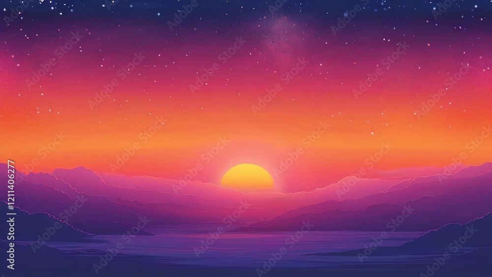 Obraz premium Vibrant sunset over mountains, starry sky background. Ideal for travel, nature posters