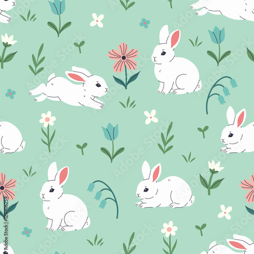 Spring seamless pattern with cute white rabbits and flowers. Vector graphics.