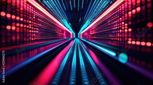 Virtual education idea. Vibrant neon lights creating a futuristic digital tunnel effect.