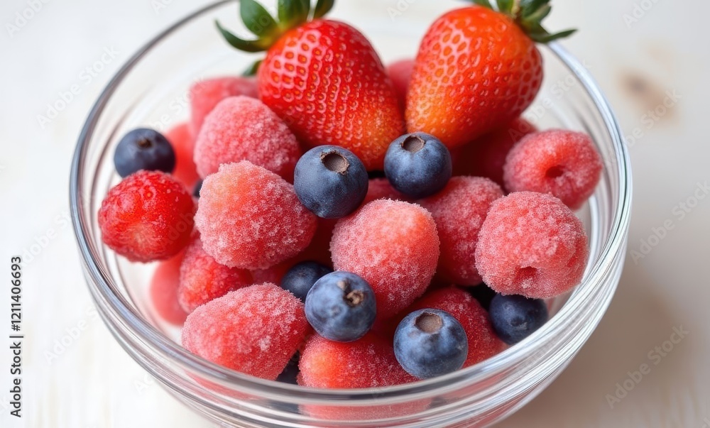 Colorful bowl of frozen berries and strawberries Colorful bowl of frozen berries and strawberries