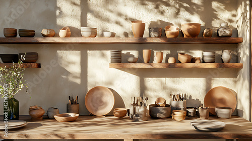 Wallpaper Mural ceramics lab with shelves of handmade pottery, tools, and natural light Torontodigital.ca