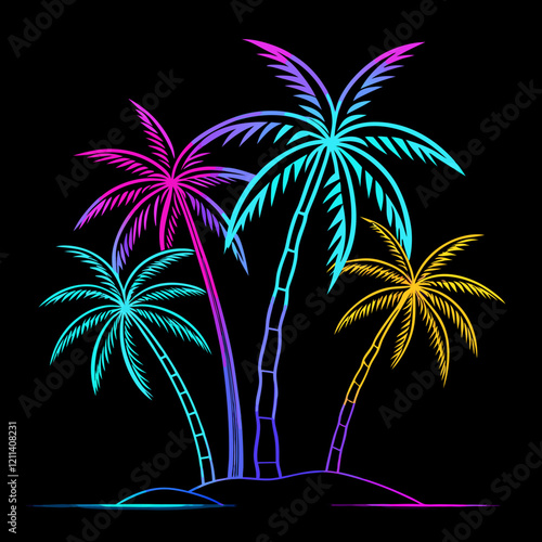 Neon palm tree silhouette on black background