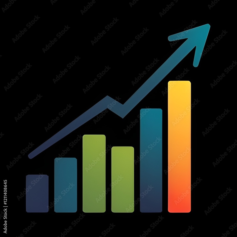 Illustration of business growth with a rising arrow, colorful bar graph, and financial progress, symbolizing success, investment, and market increase Illustration of business growth with a rising arrow, colorful bar graph, and financial progress, symbolizing success, investment, and market increase