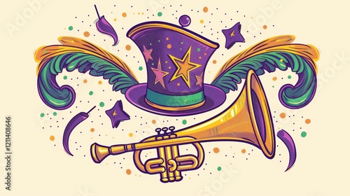 Colorful Mardi Gras Hat, Trumpet, and Drum Party Carnival Design