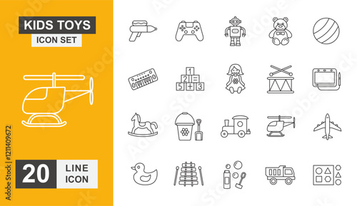 Kids toys icon set. Horse, puzzle, teddy bear, book, robot, train and more line icons