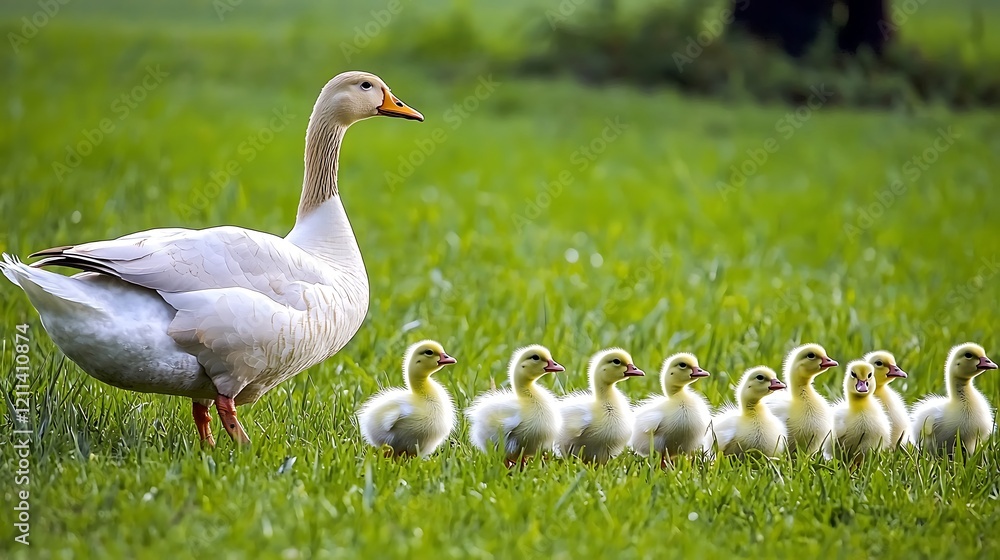 Obraz premium A mother duck and her ducklings are walking through a grassy field