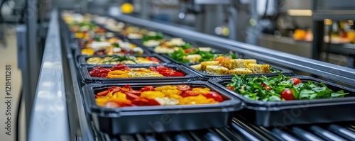 Food automation concept. Freshly prepared meals on a conveyor belt in a modern kitchen environment.