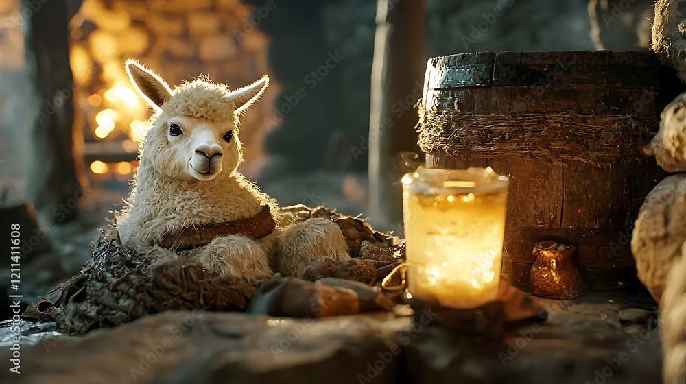 cozy scene featuring fluffy llama resting beside glowing lantern and rustic barrel, evoking warmth and tranquility