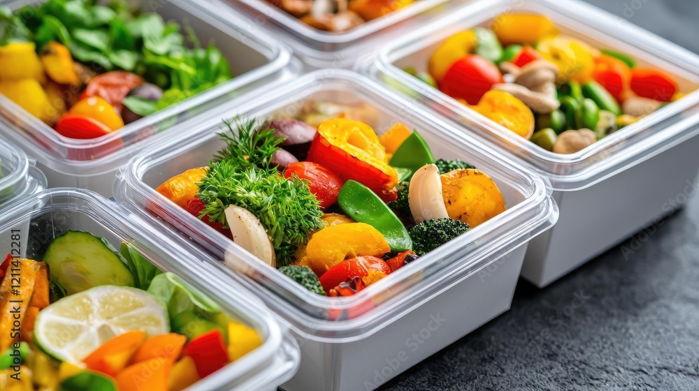 Meals delivery concept. Healthy meal prep containers filled with colorful vegetables and nutritious ingredients. Meals delivery concept. Healthy meal prep containers filled with colorful vegetables and nutritious ingredients.