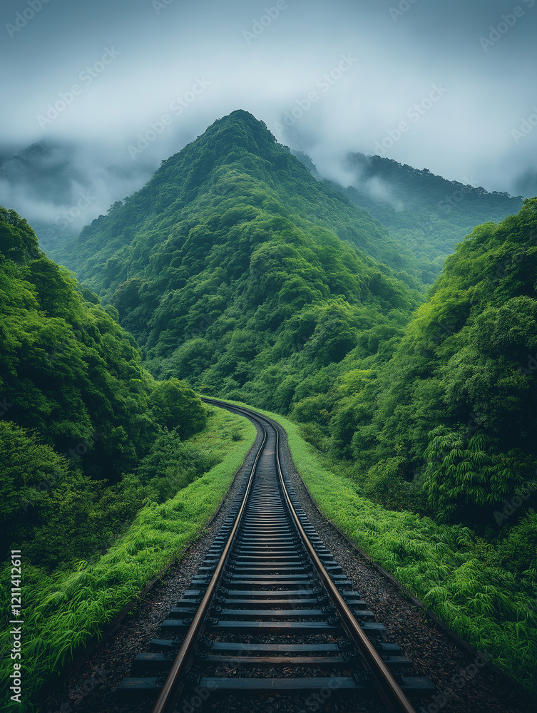 Fototapeta premium Path Through Verdant Mountains: A winding railway track disappears into the mist, leading through a picturesque landscape of lush, verdant mountains.