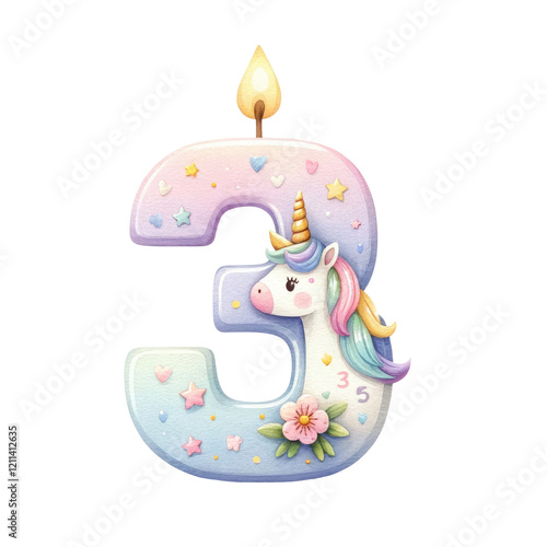 A colorful unicorn-themed birthday candle shaped like the number three, adorned with stars, flowers, and a lit wick on top.