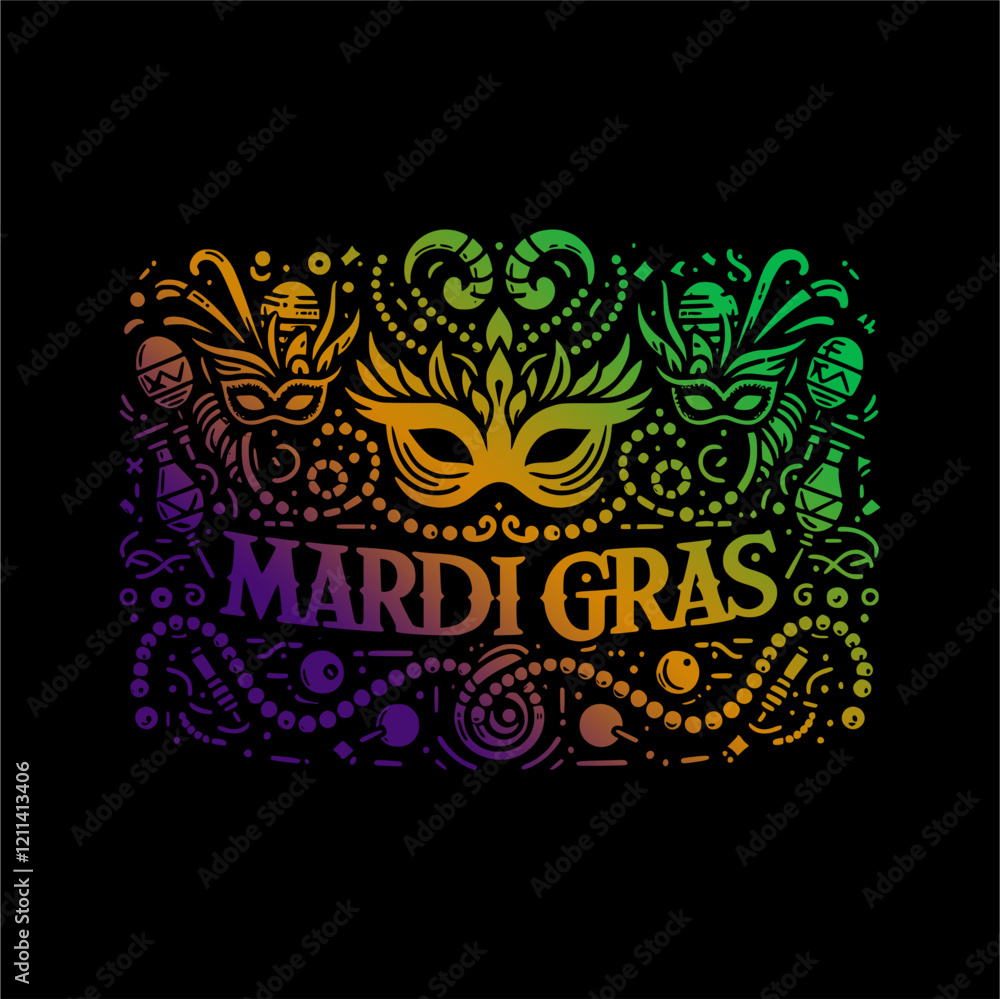 Obraz premium Mardi Gras festive graphic with masks beads and musical instruments in vibrant gradient colors
