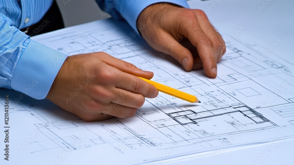 Architect drafts detailed blueprint, precision and vision in architectural design construction planning Architect drafts detailed blueprint, precision and vision in architectural design construction planning