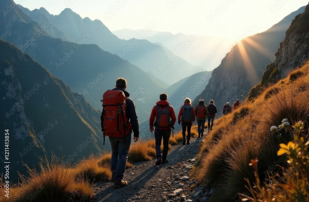 Obraz premium A group of tourists with backpacks are walking along a mountain path. Journey. Mountain landscape .