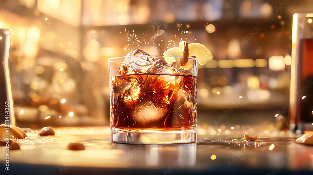 glass of whiskey with ice and slice of lemon, set in warm bar atmosphere. drink glistens, evoking sense of relaxation and enjoyment
