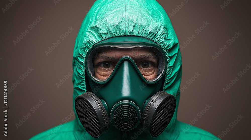 The Masked Guardian: A haunting portrait of a person shrouded in a green hazmat suit and a gas mask, their eyes peering through the lenses, reflecting a sense of both vulnerability and resilience. The Masked Guardian: A haunting portrait of a person shrouded in a green hazmat suit and a gas mask, their eyes peering through the lenses, reflecting a sense of both vulnerability and resilience.