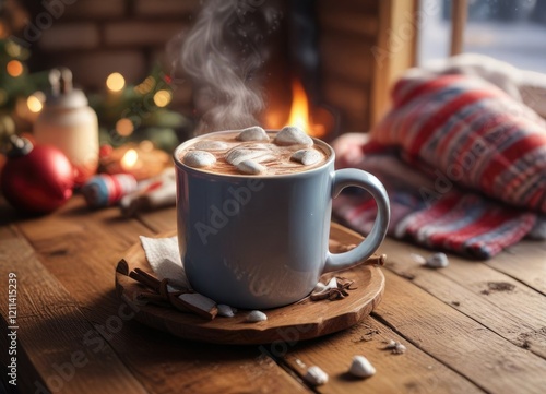 Cozy winter morning scene with a warm mug of hot chocolate on a wooden table, winter morning, warm mug, coffee substitute photo