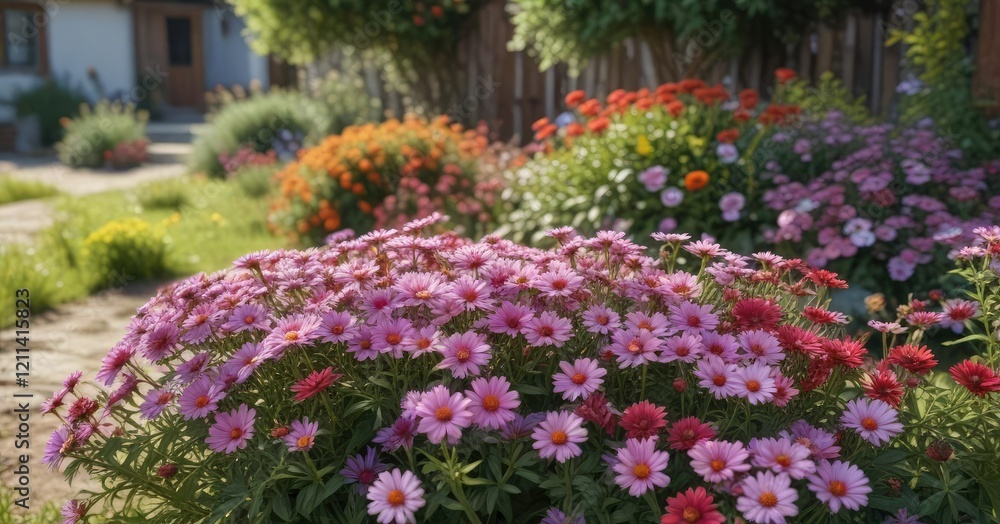 Fototapeta premium Country yard with a collection of colorful asters, flowerfields, countryyards, naturephotography