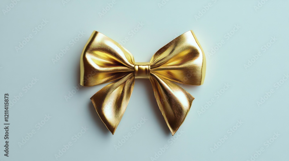 Elegant gold ribbon bow isolated on light background.