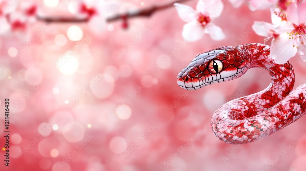 Obraz premium Chinese New Year Snake Character Vector with Cherry Blossom Flower Pattern on Red Background - Year of the Snake Illustration for Card, Sticker, and Calendar