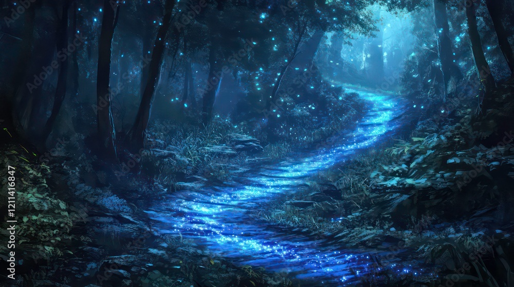Fototapeta premium Magical blue stream flows through a dark forest at night, glowing fireflies illuminate the path.