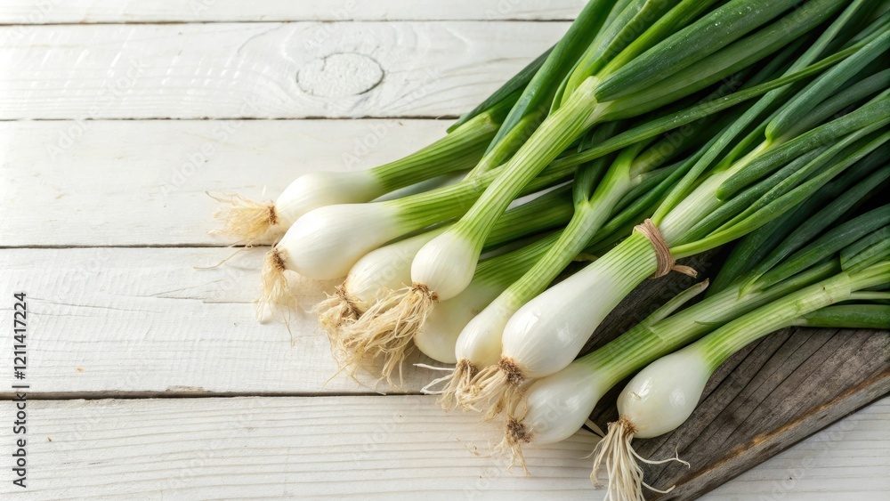 Fresh spring onions on wooden background, green vegetables, organic produce, botanicals, culinary inspiration, kitchen ingredients Fresh spring onions on wooden background, green vegetables, organic produce, botanicals, culinary inspiration, kitchen ingredients