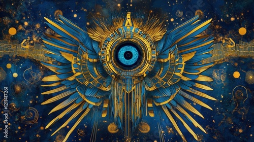 A vibrant illustration of the Wadjet symbol surrounded by radiant blue and gold patterns photo