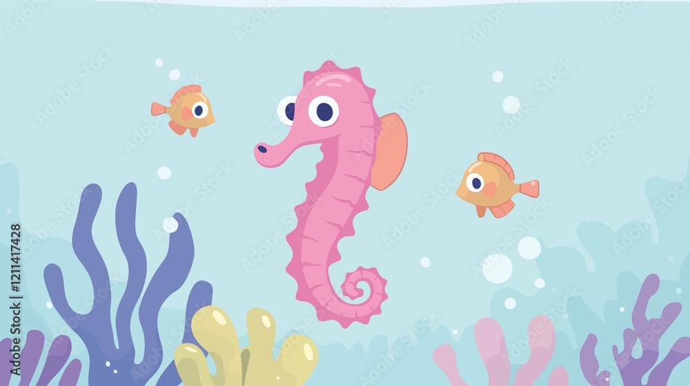 Obraz premium Colorful Cartoon Underwater Scene with Jellyfish, Seahorse, and Fishes in Coral Reef
